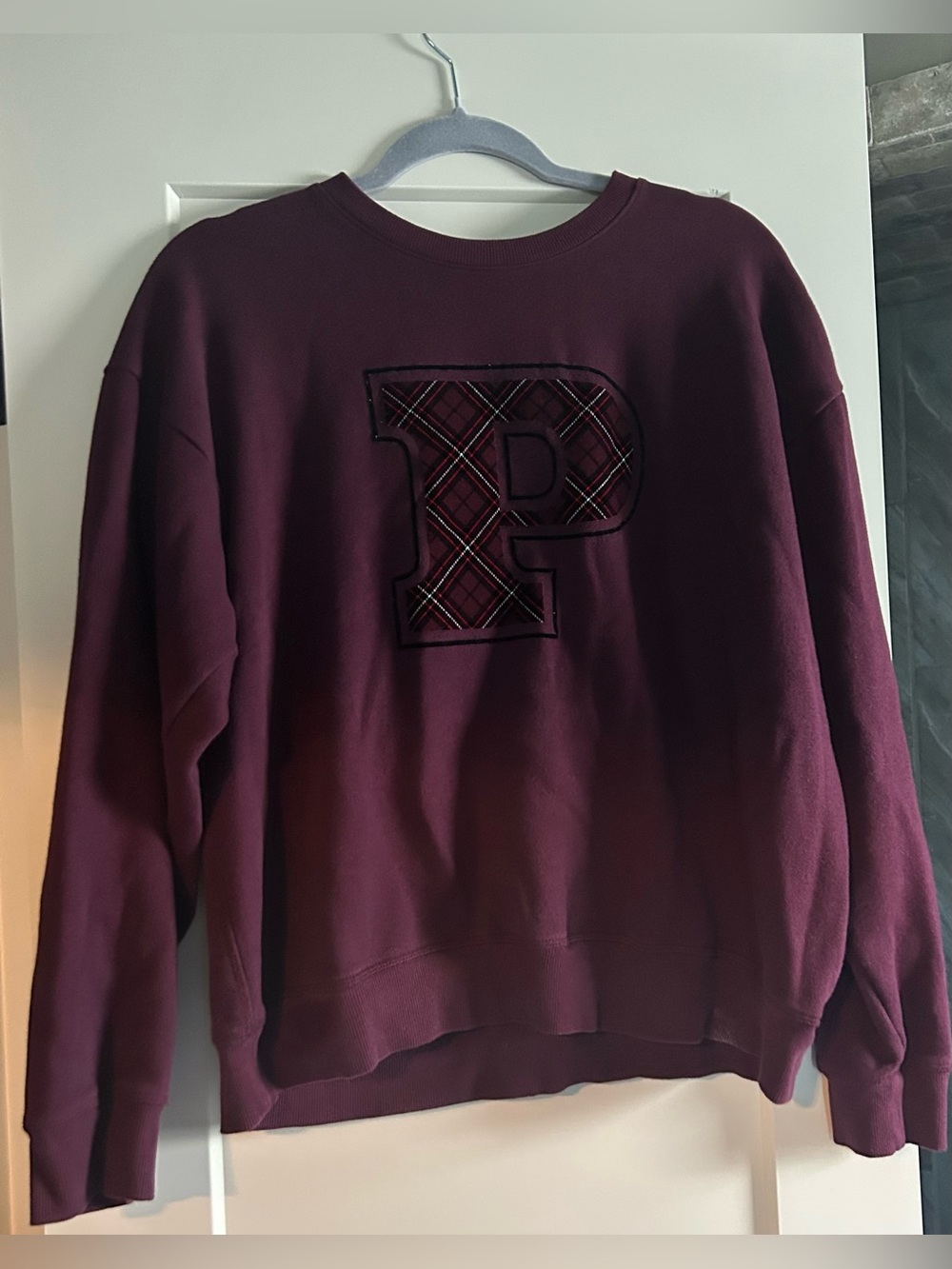 Brand PINK Maroon Plaid 'P' Appliqué Crewneck Sweatshirt